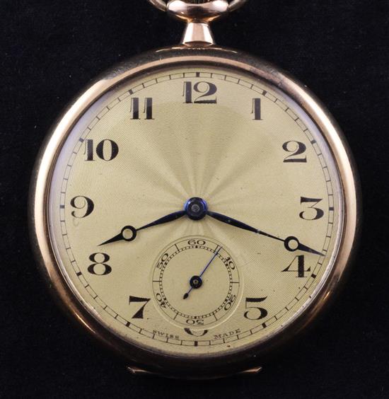 A gentlemans 9ct gold keyless lever dress pocket watch and chain.